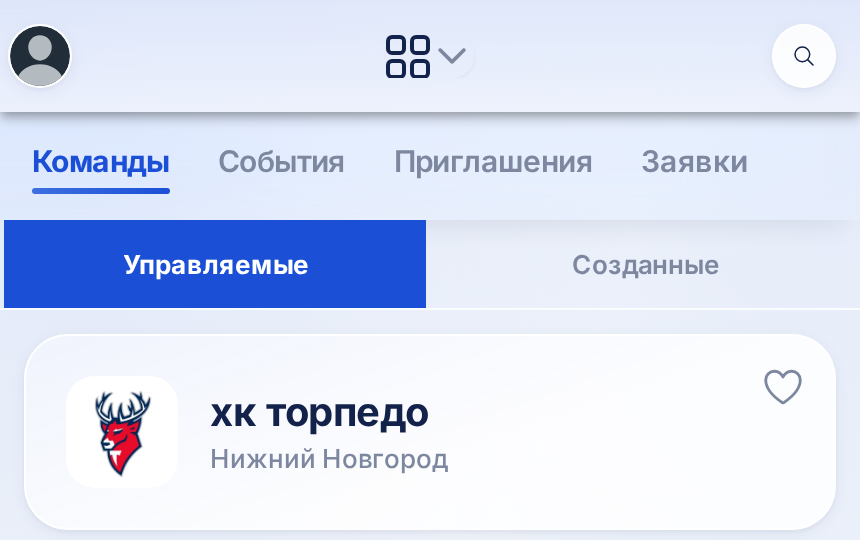 Центр менеджера команды: вкладки «Команды», «События», «Приглашения», «Заявки» и списки «Управляемые» / «Созданные»